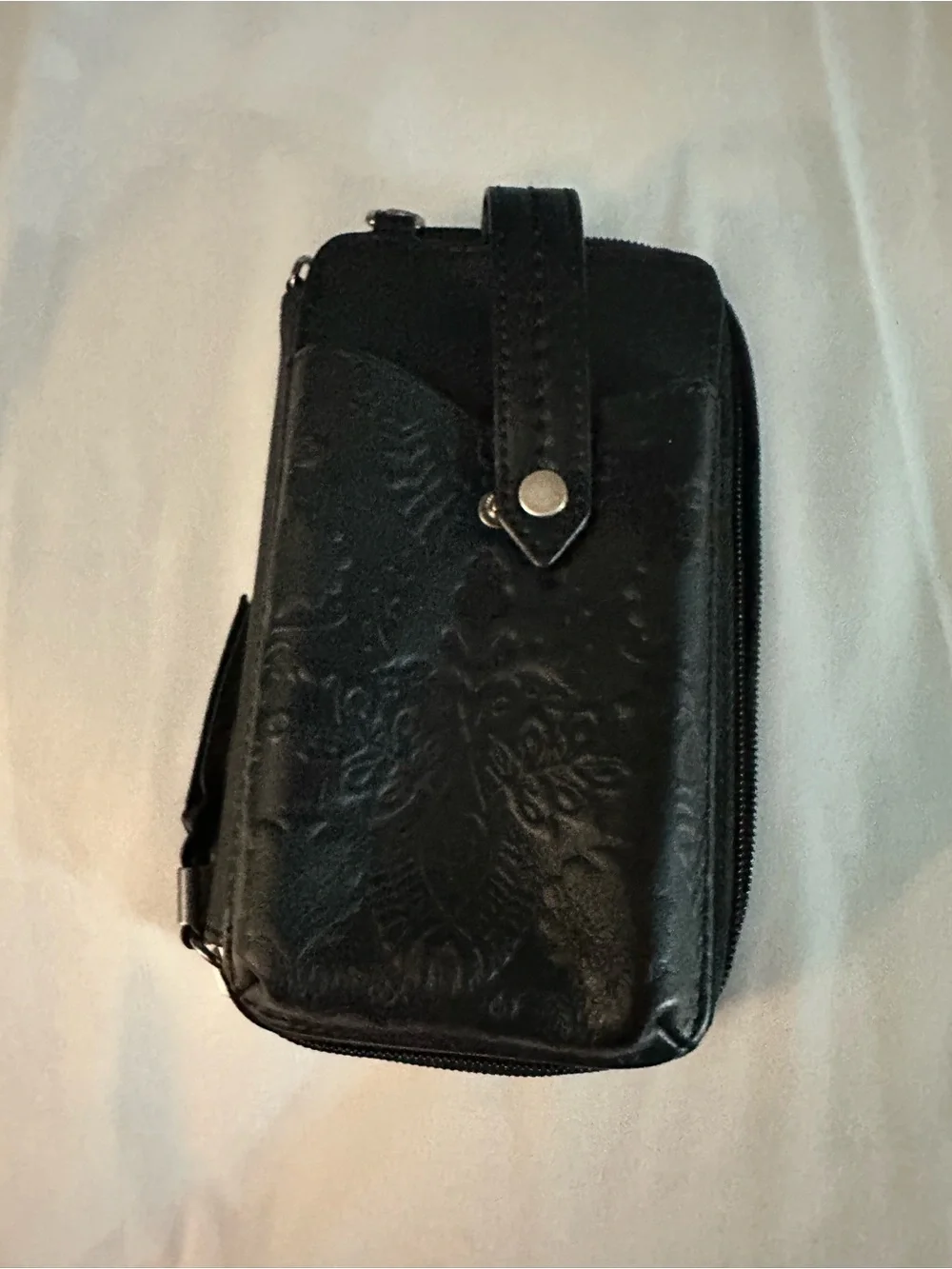 Black Embossed Leather Phone Case Wristlet - Women's Accessory